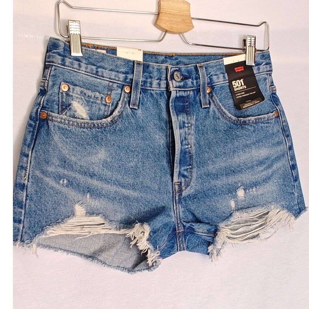 Levi's 501 Shorts 28 Blue High Rise Raw Hem Cut Off Denim 56327-0081 New - Picture 4 of 10